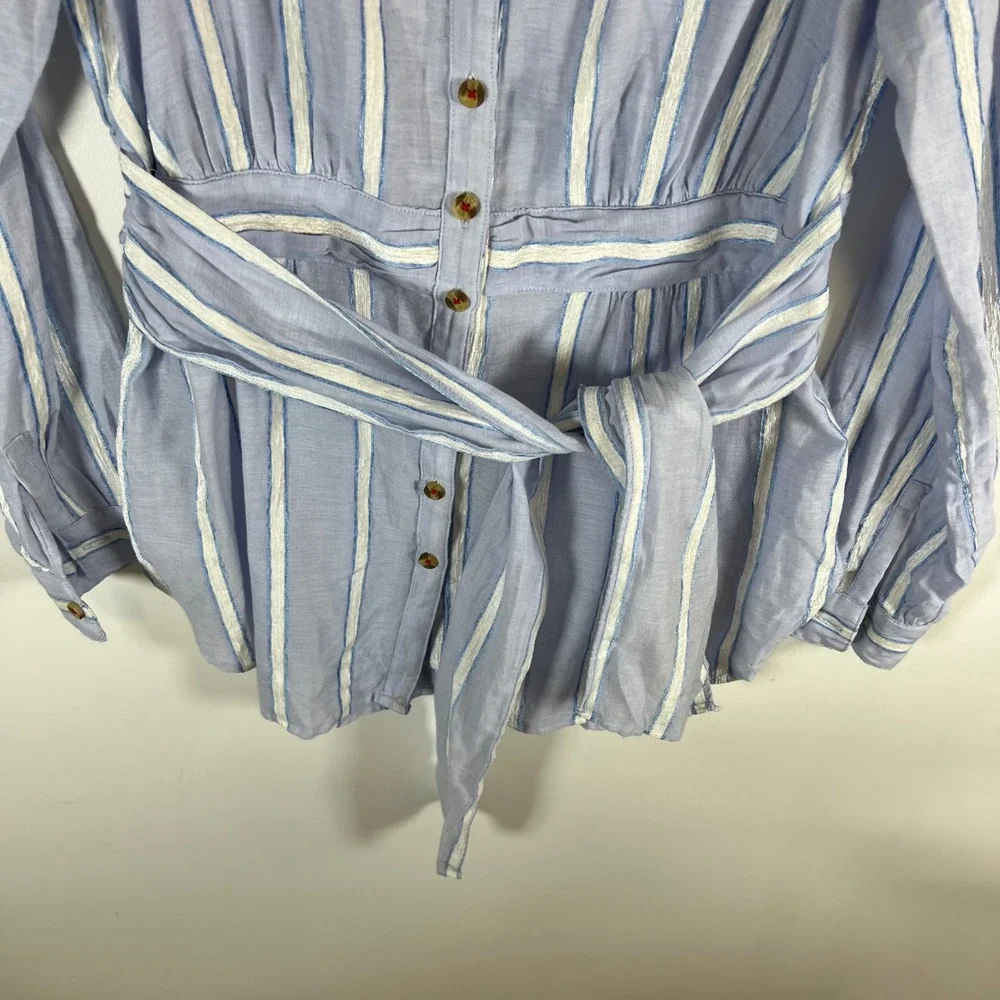 Anthropologie Building Blue White Striped Tie Waist Button Down Blouse‎ Top Sz 8